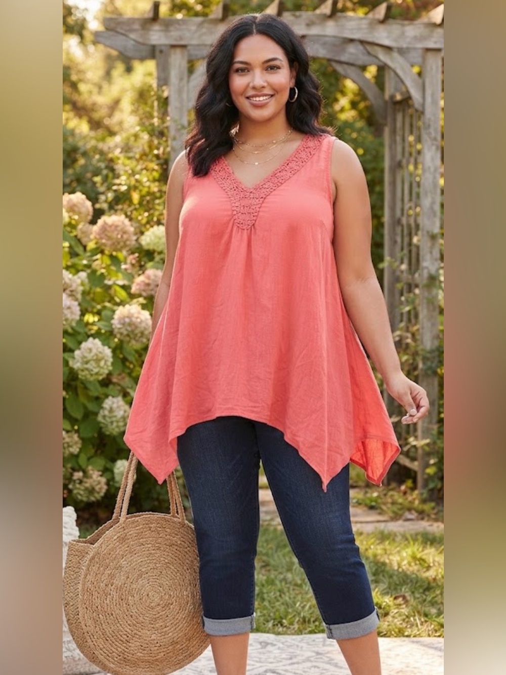 Spense Coral Sleeveless V-Neck Tank with Crochet Trim
